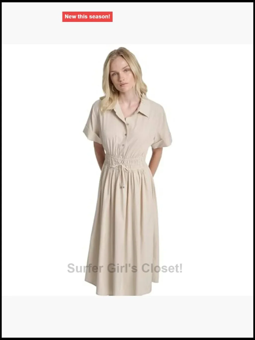DKNY Short Sleeve Collared Neck Faux Drawstring Cinched Waist Button Front Dress